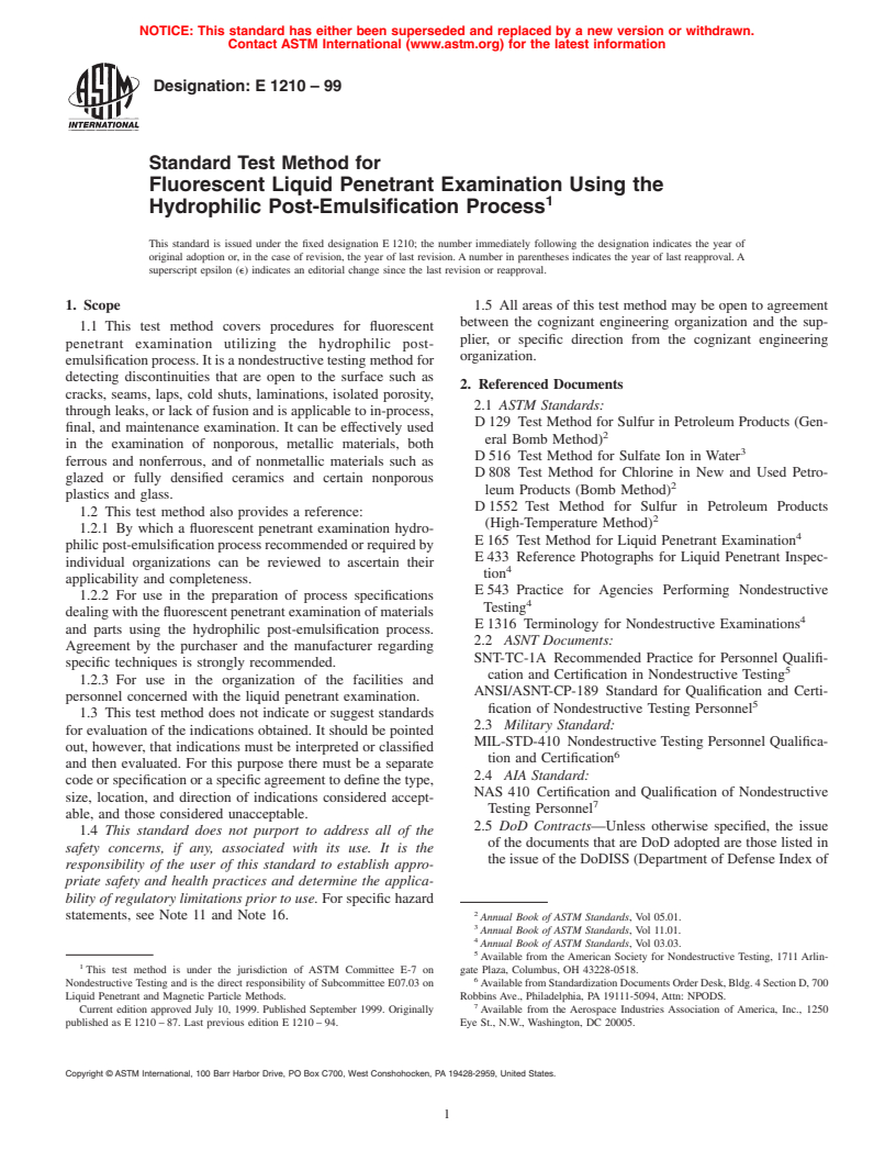 ASTM E1210-99 - Standard Test Method for Fluorescent Liquid Penetrant Examination Using the Hydrophilic Post-Emulsification Process