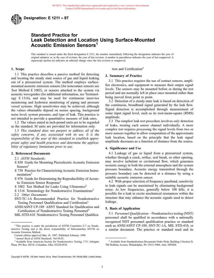 ASTM E1211-97 - Standard Practice for Leak Detection and Location Using Surface-Mounted Acoustic Emission Sensors