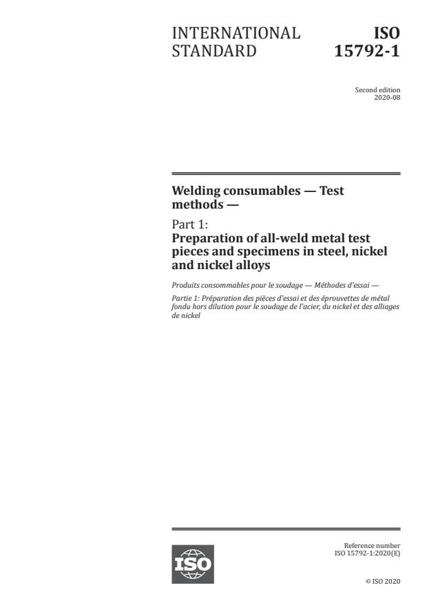 ISO 15792-1:2020 - Welding consumables -- Test methods