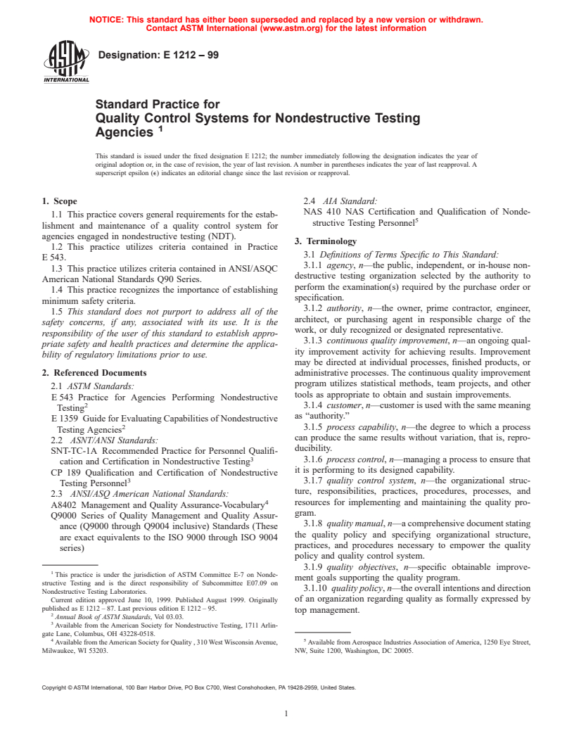 ASTM E1212-99 - Standard Practice for Quality Control Systems for Nondestructive Testing Agencies