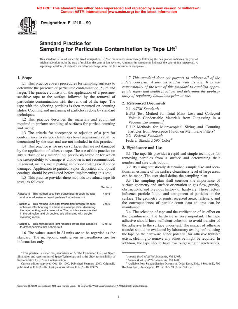 ASTM E1216-99 - Standard Practice for Sampling for Particulate Contamination by Tape Lift