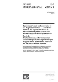 ISO 20776-2:2021 ISO 20776-2:2021 - Clinical laboratory testing and in vitro diagnostic test systems — Susceptibility testing of infectious agents and evaluation of performance of antimicrobial susceptibility test devices — Part 2: Evaluation of performance of antimicrobial susceptibility test devices against reference broth micro-dilution
Released:1/11/2022 - Page 1 preview