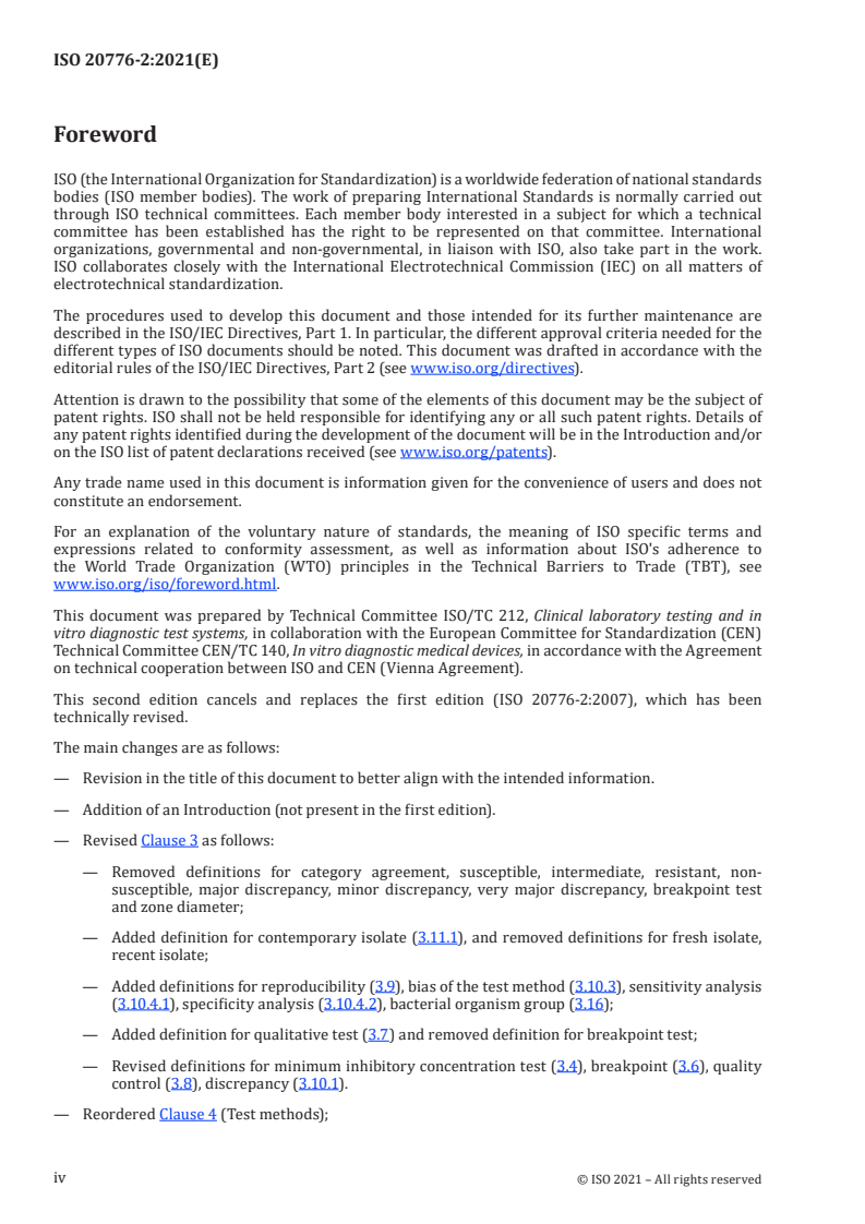 ISO 20776-2:2021 ISO 20776-2:2021 - Clinical laboratory testing and in vitro diagnostic test systems -- Susceptibility testing of infectious agents and evaluation of performance of antimicrobial susceptibility test devices - Page 4 preview