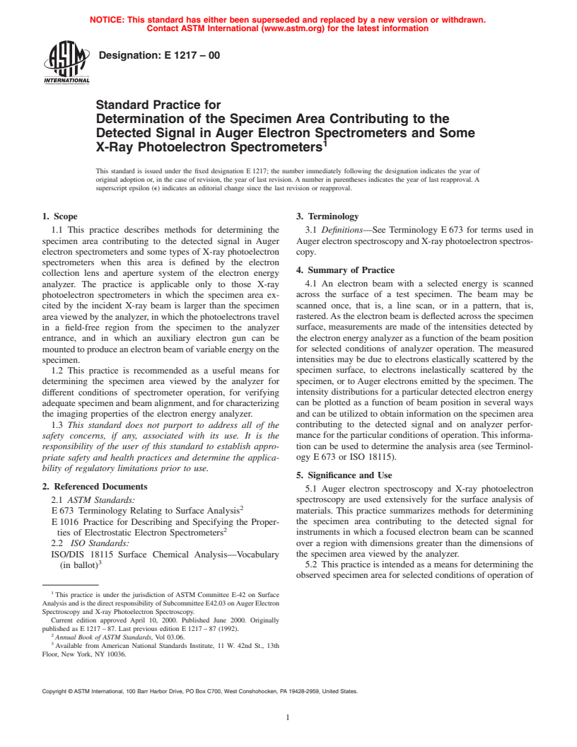 ASTM E1217-00 - Standard Practice for Determination of the Specimen Area Contributing to the Detected Signal in Auger Electron Spectrometers and Some  X-Ray Photoelectron Spectrometers