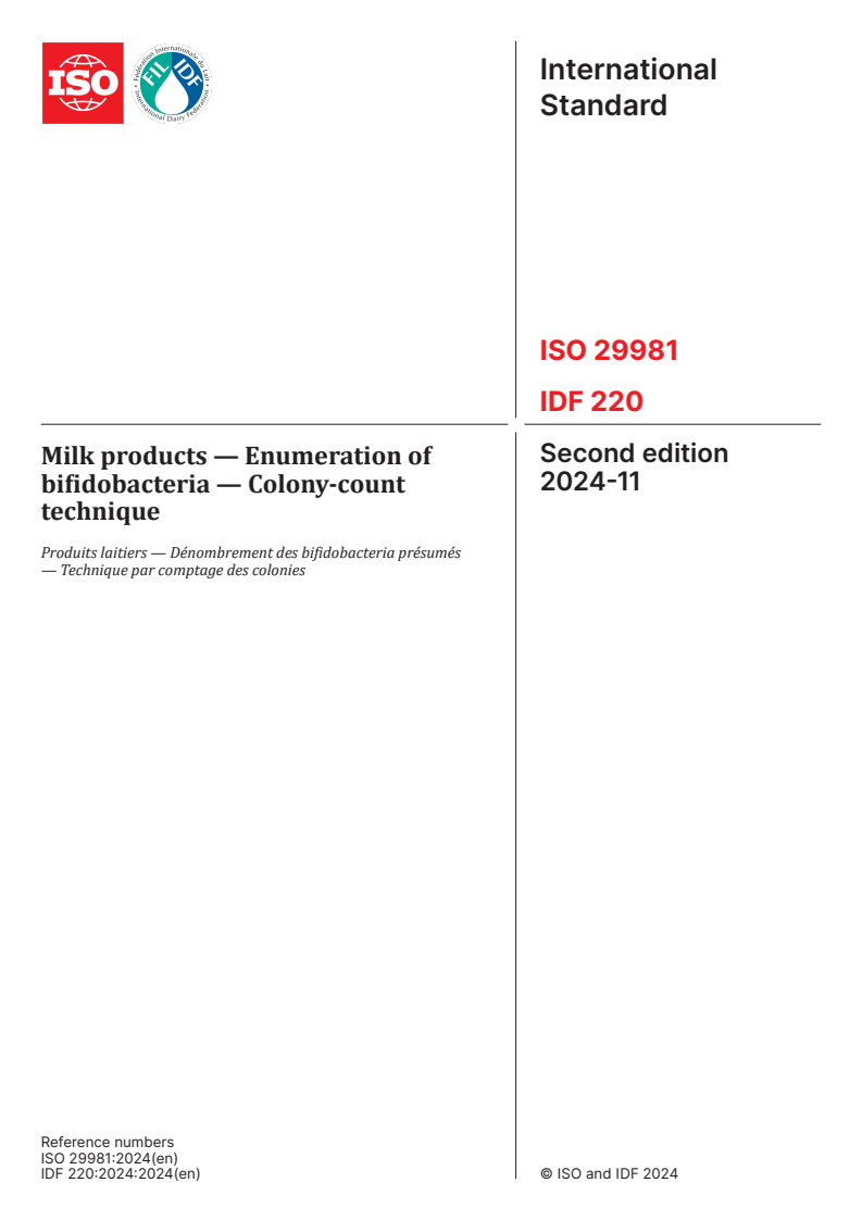 ISO 29981:2024 - Milk products — Enumeration of bifidobacteria — Colony-count technique
Released:11/26/2024