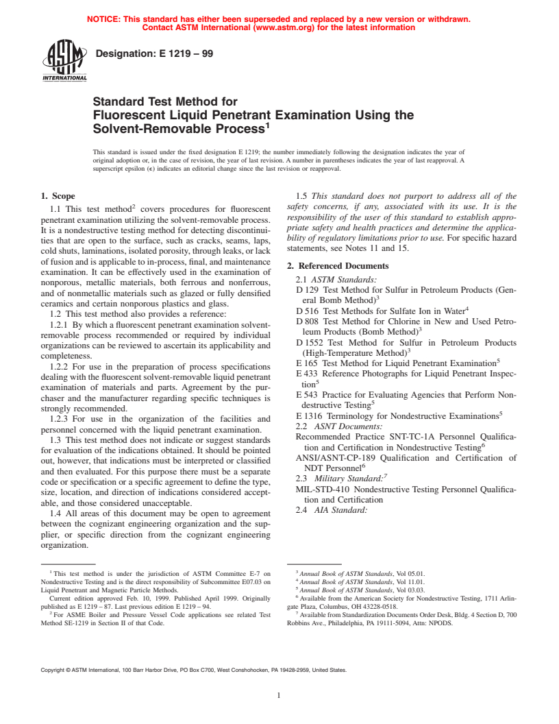 ASTM E1219-99 - Standard Test Method for Fluorescent Liquid Penetrant Examination Using the Solvent-Removable Process