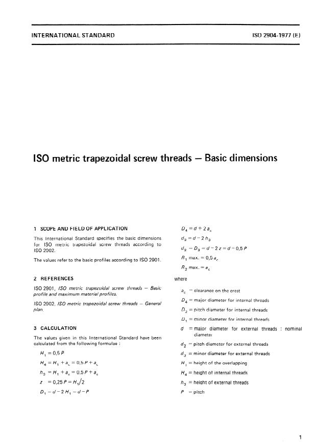 ISO 2904:1977 - ISO metric trapezoidal screw threads -- Basic dimensions