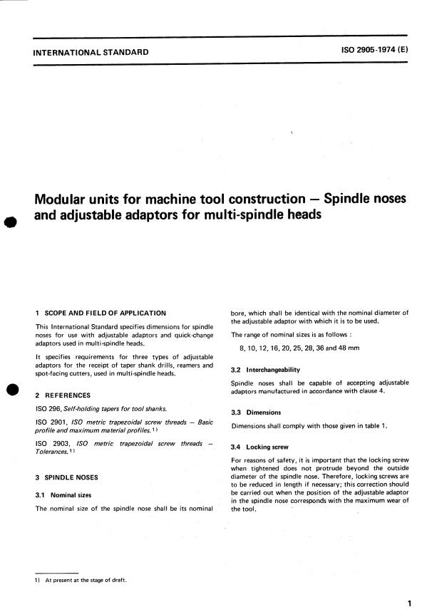 ISO 2905:1974 - Modular units for machine tool construction -- Spindle noses and adjustable adaptors for multi-spindle heads