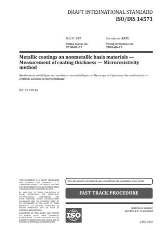 ISO/PRF 14571:Version 25-apr-2020 - Metallic coatings on non-metallic basis materials -- Measurement of coating thickness -- Micro-resistivity method
