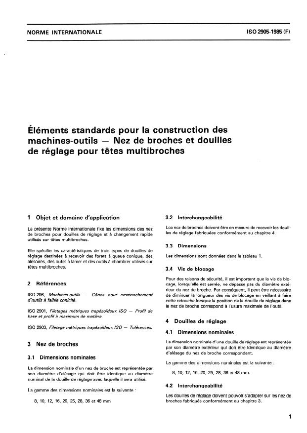 ISO 2905:1985 - Éléments standards pour la construction des machines-outils -- Nez de broches et douilles de réglage pour tetes multibroches
