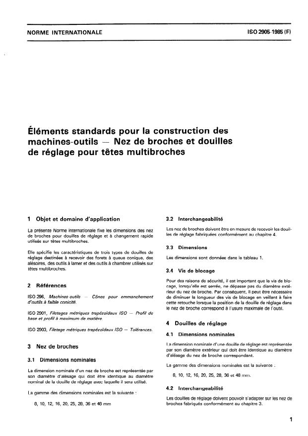 ISO 2905:1985 - Éléments standards pour la construction des machines-outils -- Nez de broches et douilles de réglage pour tetes multibroches