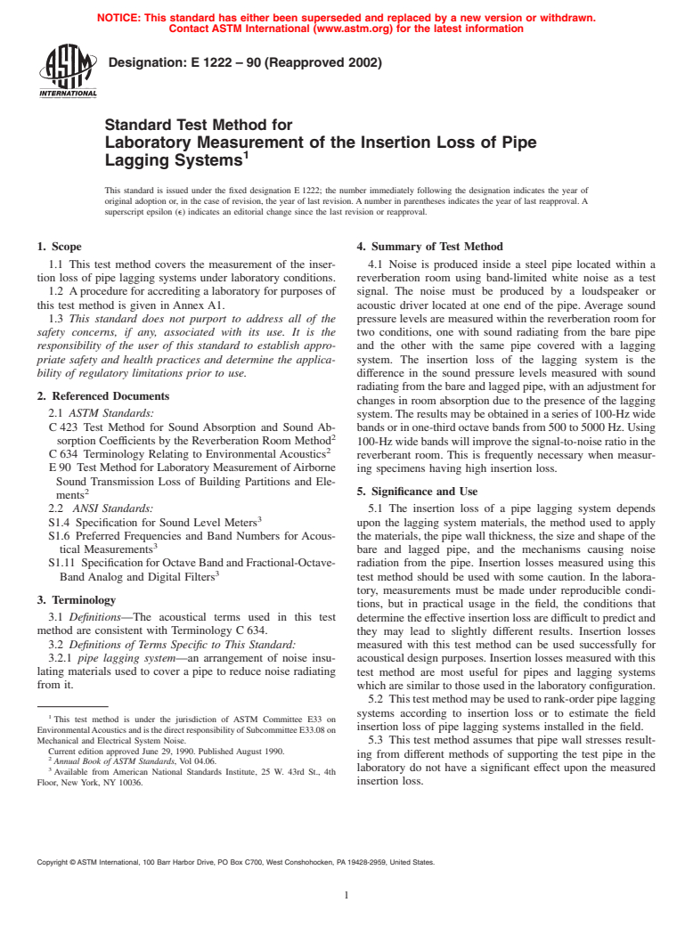 ASTM E1222-90(2002) - Standard Test Method for Laboratory Measurement of the Insertion Loss of Pipe Lagging Systems