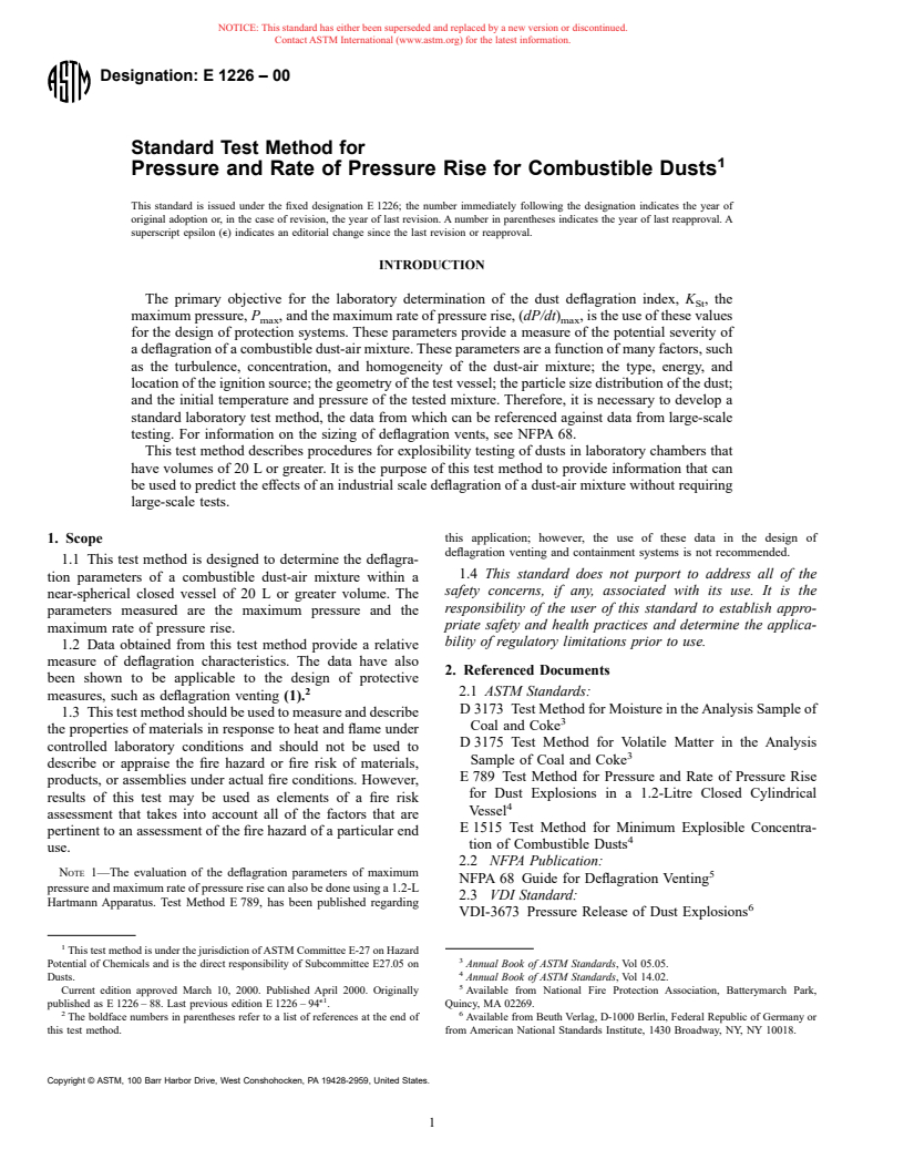 ASTM E1226-00 - Standard Test Method for Pressure and Rate of Pressure Rise for Combustible Dusts