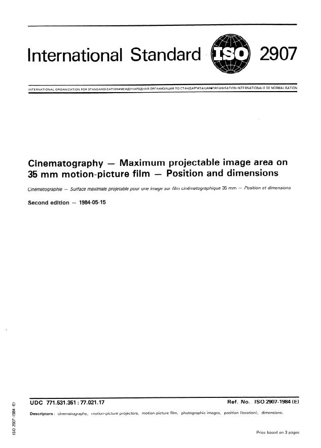 ISO 2907:1984 - Cinematography -- Maximum projectable image area on 35 mm motion-picture film -- Position and dimensions