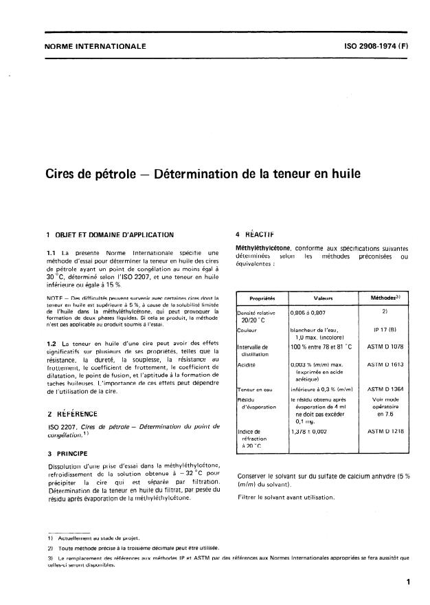 ISO 2908:1974 - Cires de pétrole -- Détermination de la teneur en huile