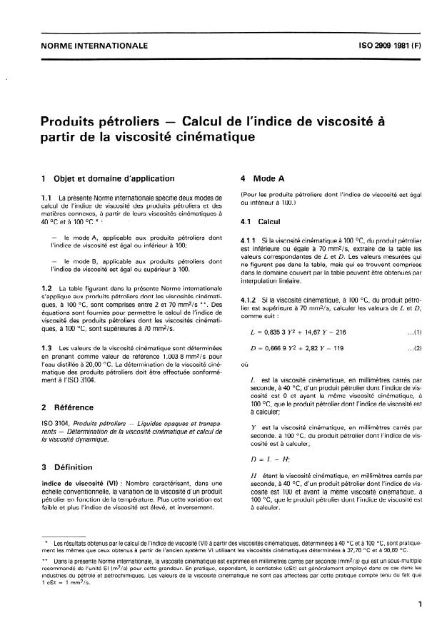 ISO 2909:1981 - Produits pétroliers -- Calcul de l'indice de viscosité a partir de la viscosité cinématique