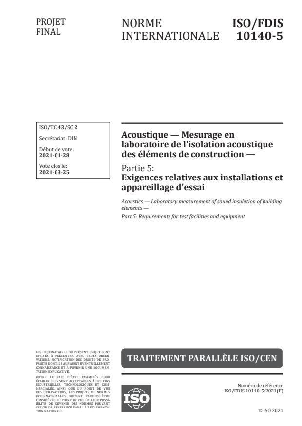ISO/FDIS 10140-5:Version 20-mar-2021 - Acoustique -- Mesurage en laboratoire de l'isolation acoustique des éléments de construction