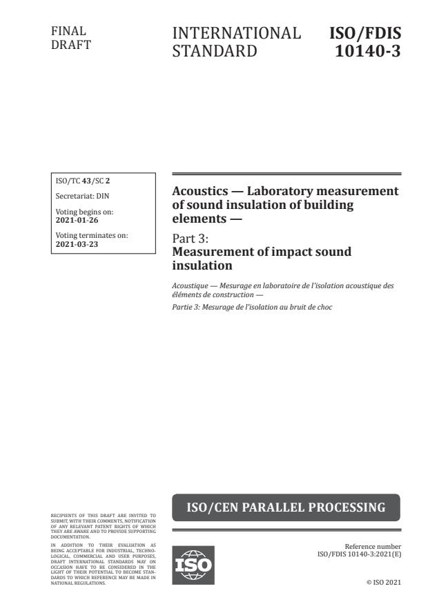ISO/FDIS 10140-3:Version 22-jan-2021 - Acoustics -- Laboratory measurement of sound insulation of building elements