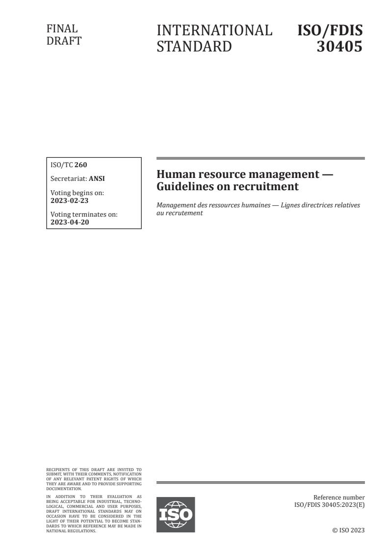 ISO/FDIS 30405 - Human resource management — Guidelines on recruitment
Released:2/9/2023