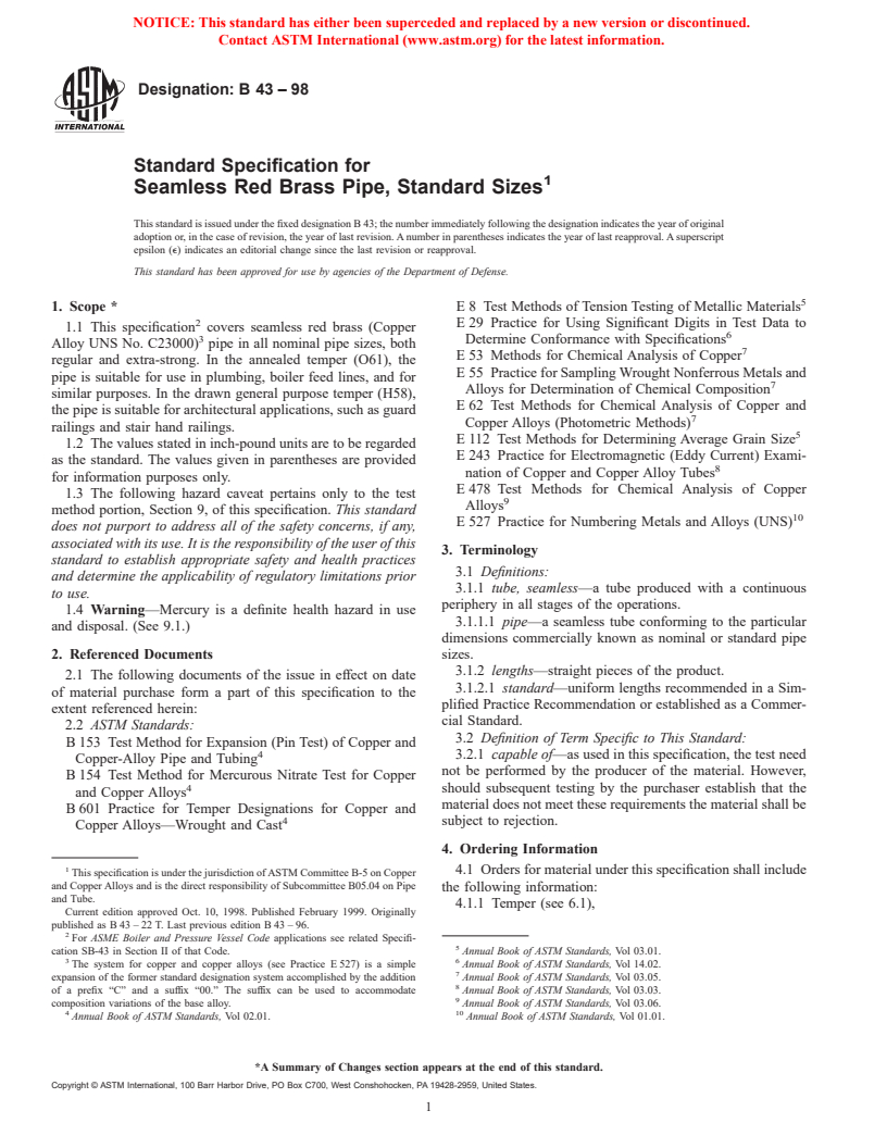 ASTM B43-98 - Standard Specification for Seamless Red Brass Pipe, Standard Sizes