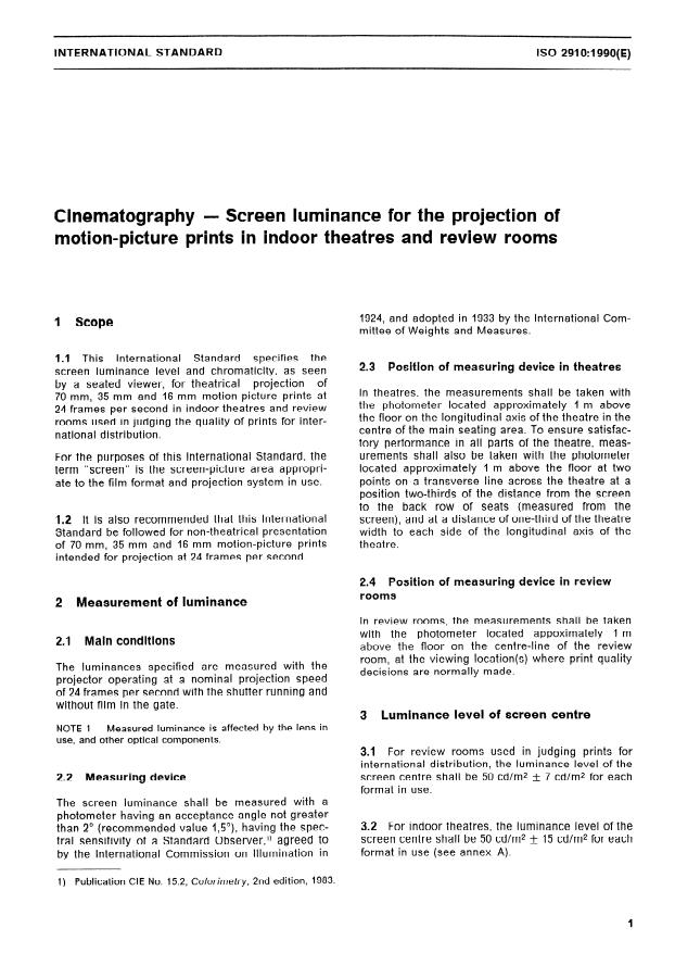 ISO 2910:1990 - Cinematography -- Screen luminance for the projection of motion-picture prints in indoor theatres and review rooms