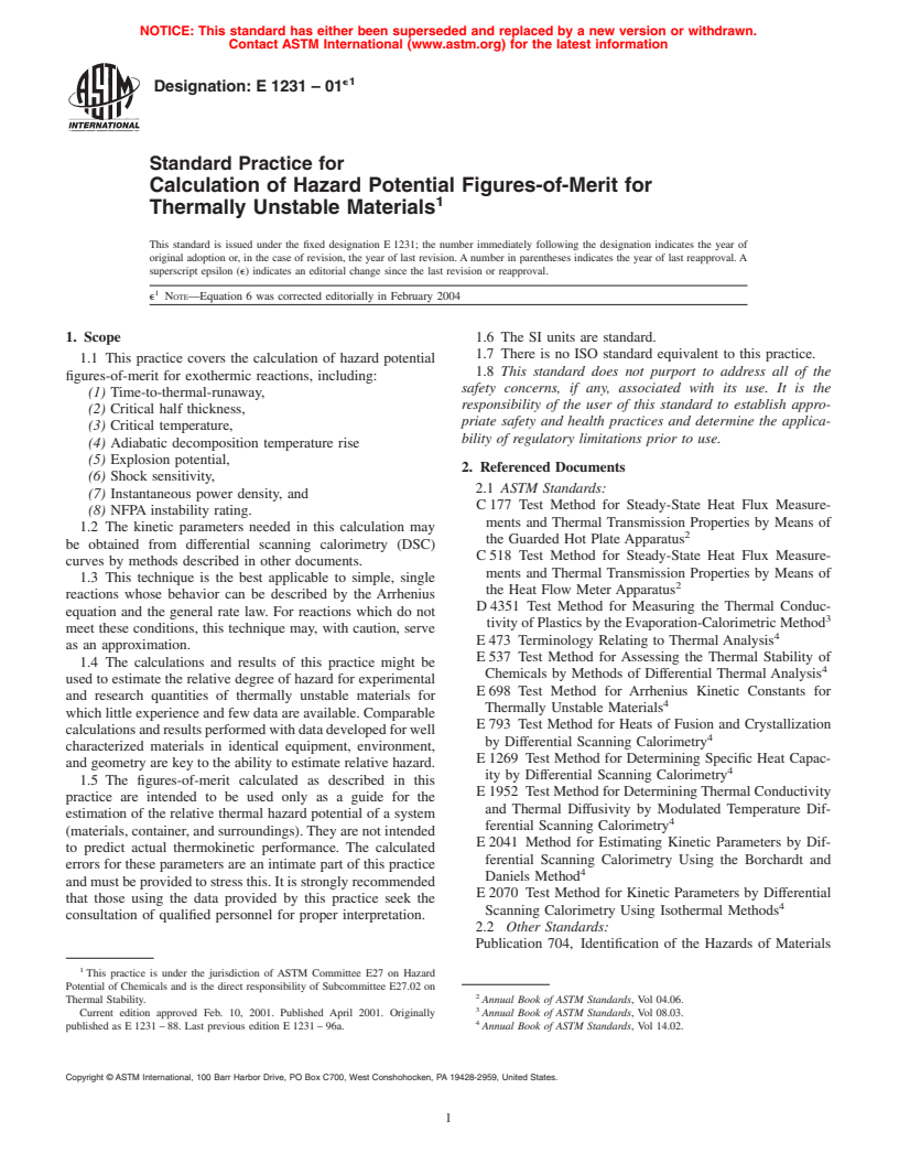 ASTM E1231-01 - Standard Practice for Calculation of Hazard Potential Figures-of-Merit for Thermally Unstable Materials