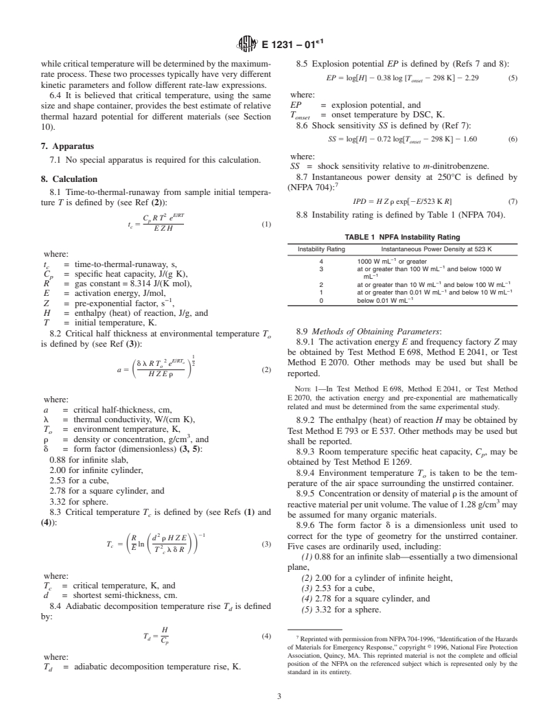 ASTM E1231-01 - Standard Practice for Calculation of Hazard Potential Figures-of-Merit for Thermally Unstable Materials