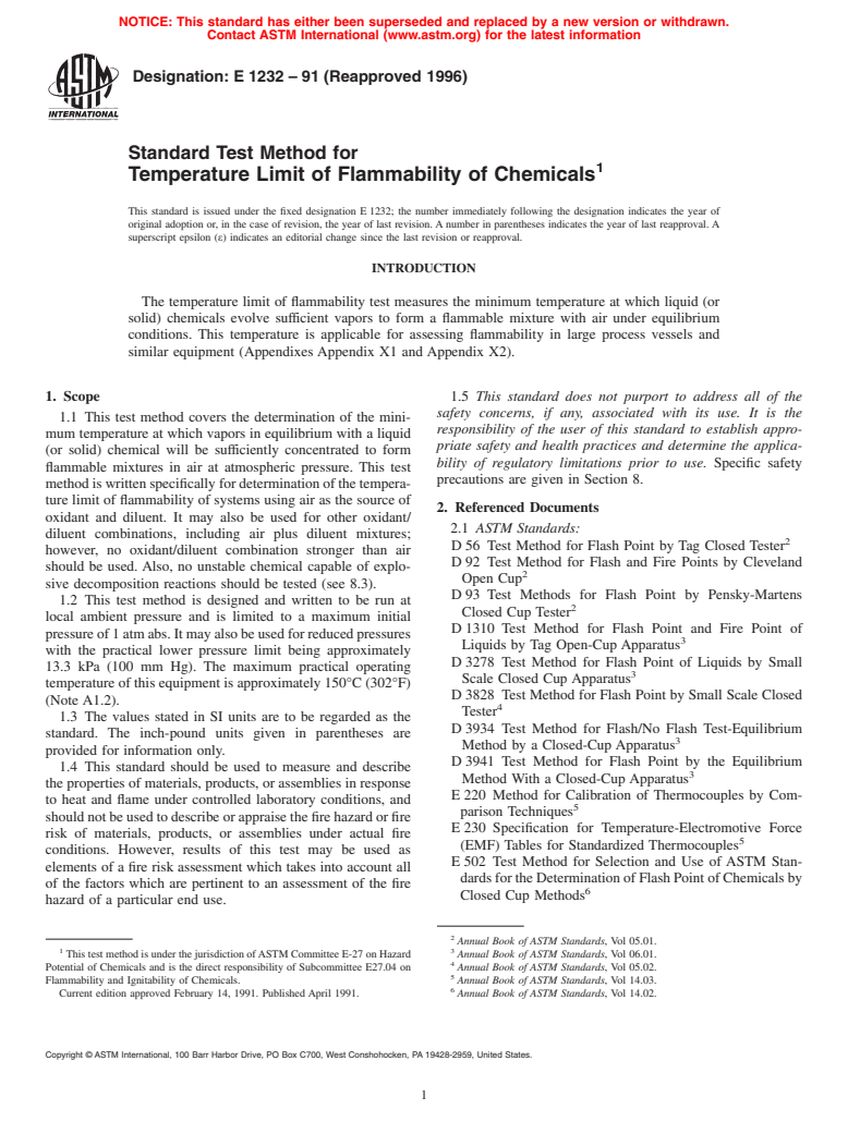 ASTM E1232-91(1996) - Standard Test Method for Temperature Limit of Flammability of Chemicals