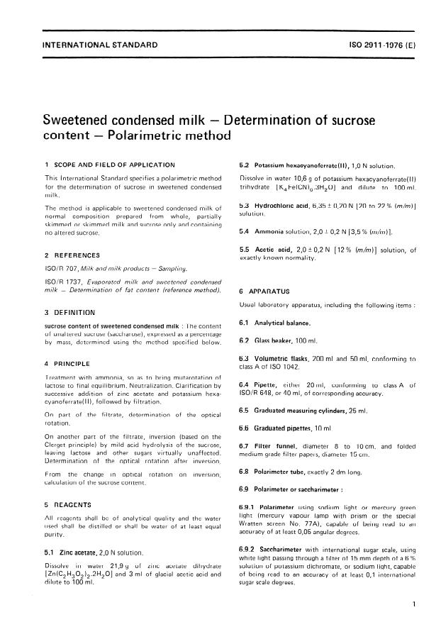 ISO 2911:1976 - Sweetened condensed milk -- Determination of sucrose content -- Polarimetric method