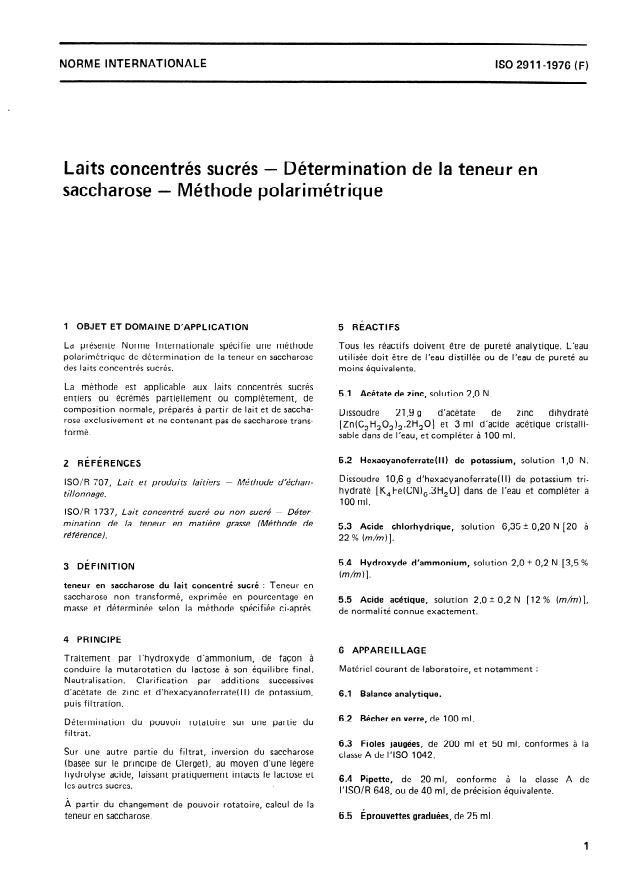 ISO 2911:1976 - Laits concentrés sucrés -- Détermination de la teneur en saccharose -- Méthode polarimétrique