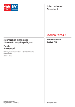 ISO/IEC 29794-1:2024 ISO/IEC 29794-1:2024 - Information technology — Biometric sample quality — Part 1: Framework
Released:30. 05. 2024 - Page 1 preview