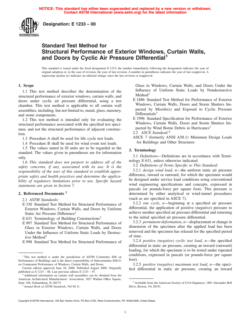 ASTM E1233-00 - Standard Test Method for Structural Performance of Exterior Windows, Curtain Walls, and Doors by Cyclic Static Air Pressure Differential