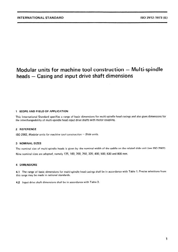 ISO 2912:1973 - Modular units for machine tool construction -- Multi-spindle heads -- Casing and input drive shaft dimensions