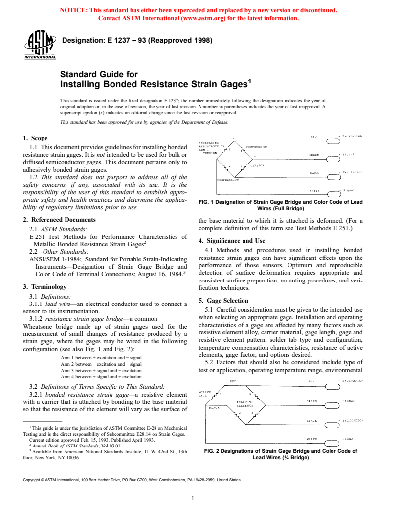 ASTM E1237-93(1998) - Standard Guide for Installing Bonded Resistance Strain Gages