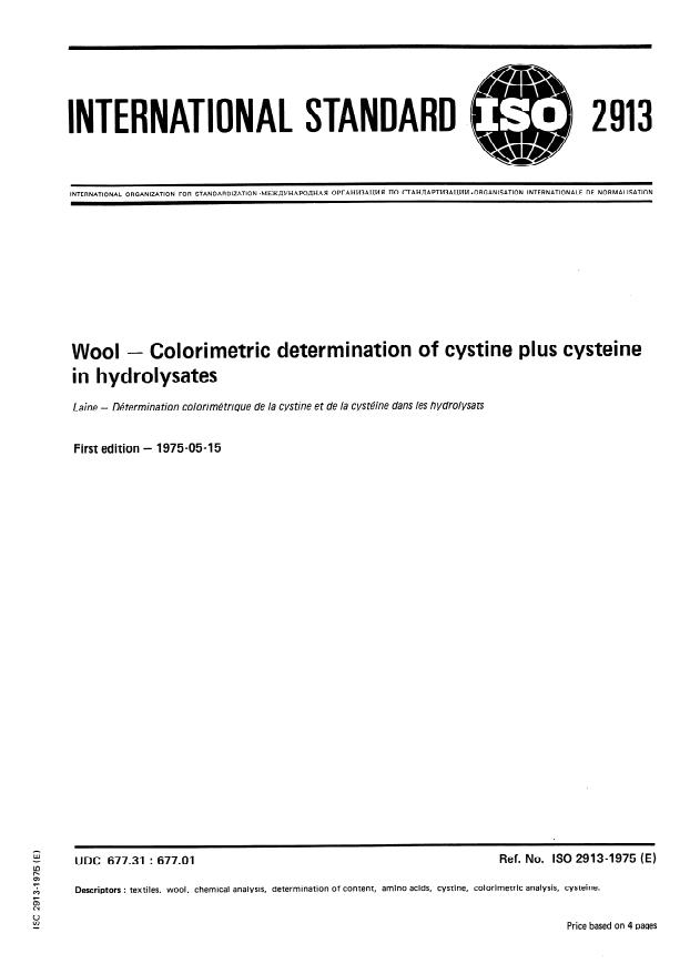 ISO 2913:1975 - Wool -- Colorimetric determination of cystine plus cysteine in hydrolysates