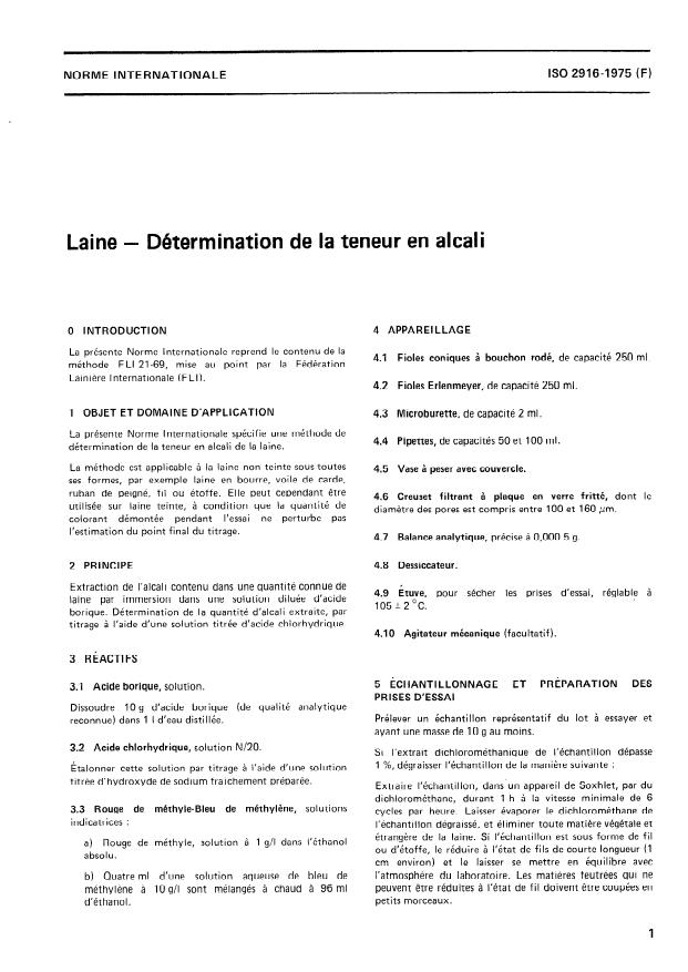 ISO 2916:1975 - Laine -- Détermination de la teneur en alcali
