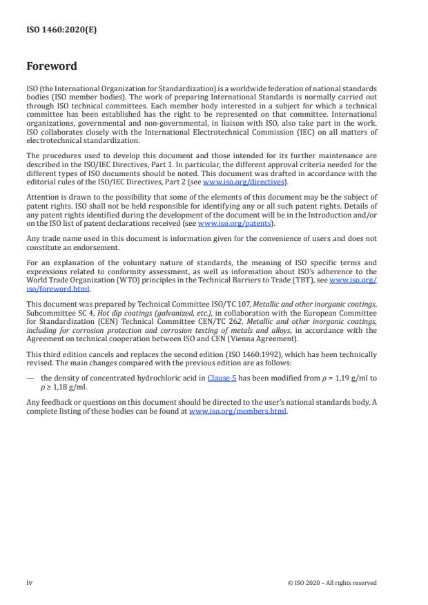 ISO 1460:2020 ISO 1460:2020 - Metallic coatings -- Hot dip galvanized coatings on ferrous materials -- Gravimetric determination of the mass per unit area - Page 4 preview