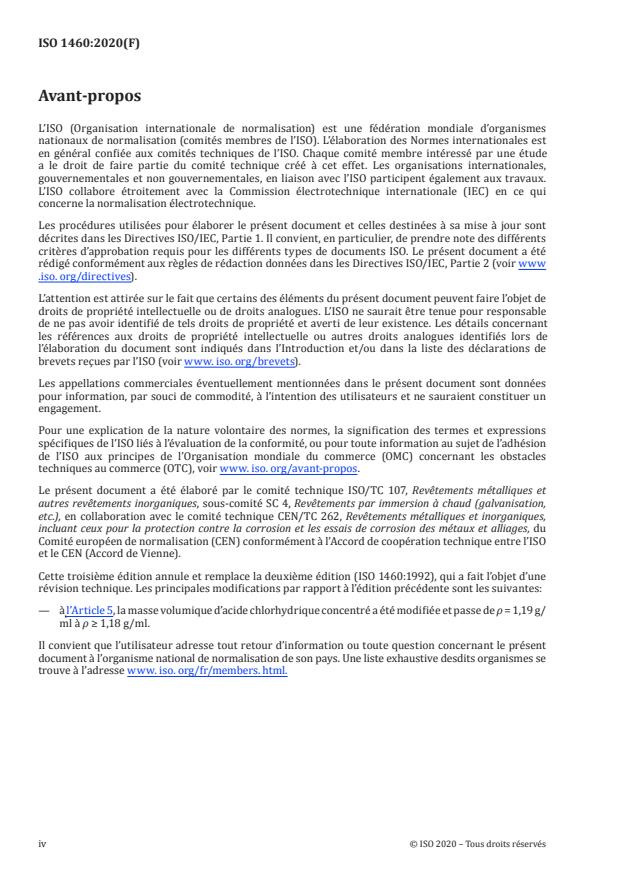 ISO 1460:2020 ISO 1460:2020 - Revêtements métalliques -- Revêtements de galvanisation à chaud sur métaux ferreux -- Détermination gravimétrique de la masse par unité de surface - Page 4 preview
