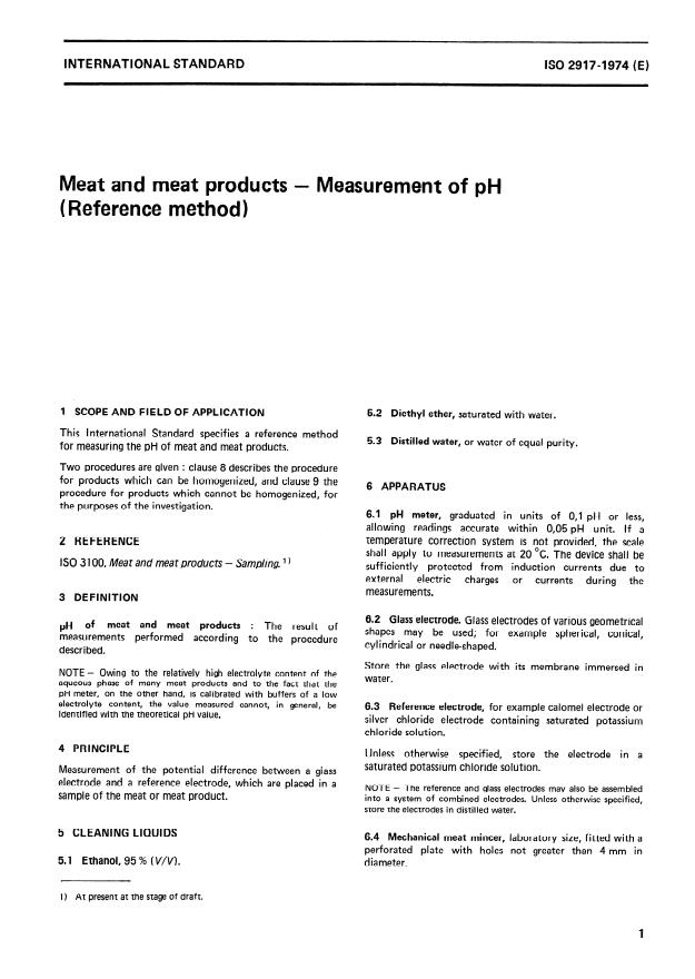 ISO 2917:1974 - Meat and meat products -- Measurement of pH (Reference method)