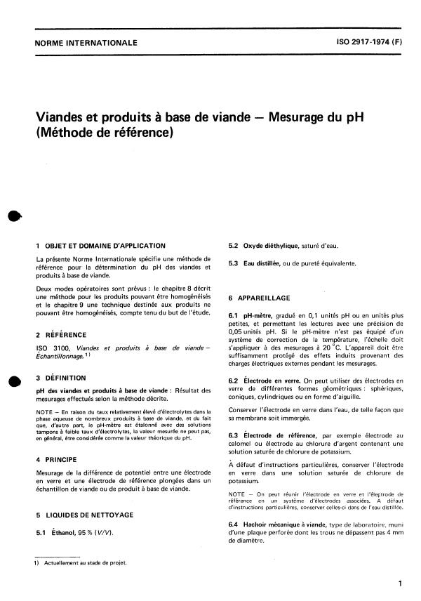 ISO 2917:1974 - Viandes et produits a base de viande -- Mesurage du pH (Méthode de référence)