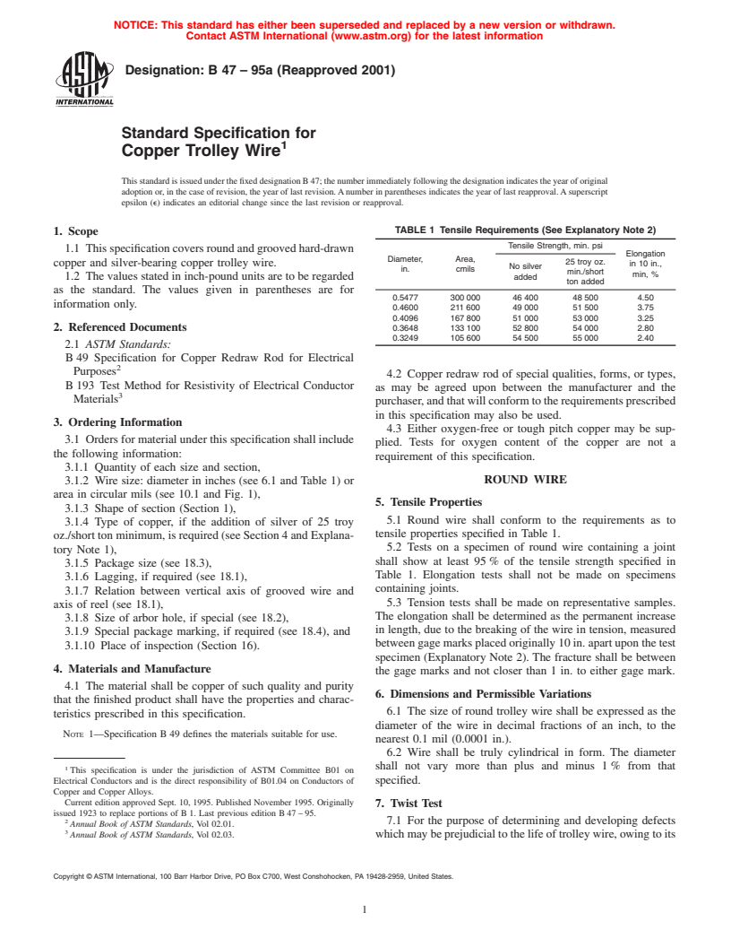 ASTM B47-95a(2001) - Standard Specification for Copper Trolley Wire