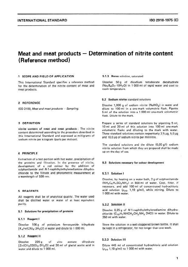 ISO 2918:1975 - Meat and meat products -- Determination of nitrite content (Reference method)