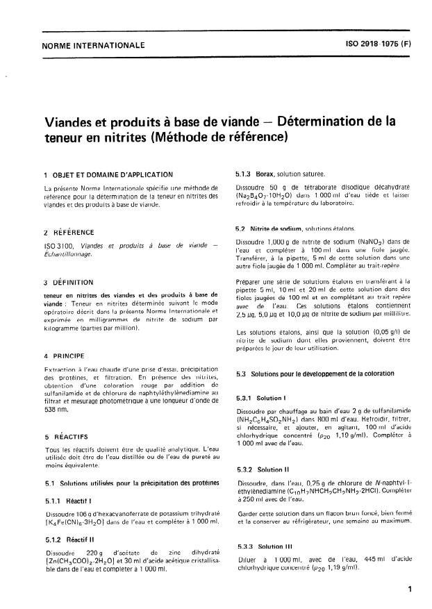 ISO 2918:1975 - Viandes et produits a base de viande -- Détermination de la teneur en nitrites (Méthode de référence)