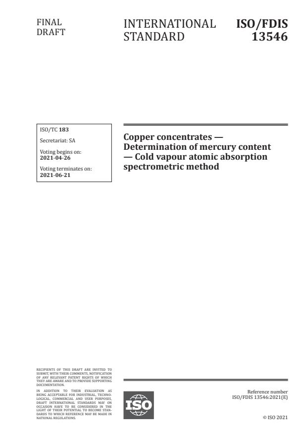 ISO/FDIS 13546:Version 18-apr-2021 - Copper concentrates -- Determination of mercury content -- Cold vapour atomic absorption spectrometric method