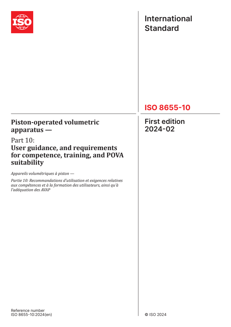 ISO 8655-10:2024 - Piston-operated volumetric apparatus — Part 10: User guidance, and requirements for competence, training, and POVA suitability
Released:19. 02. 2024