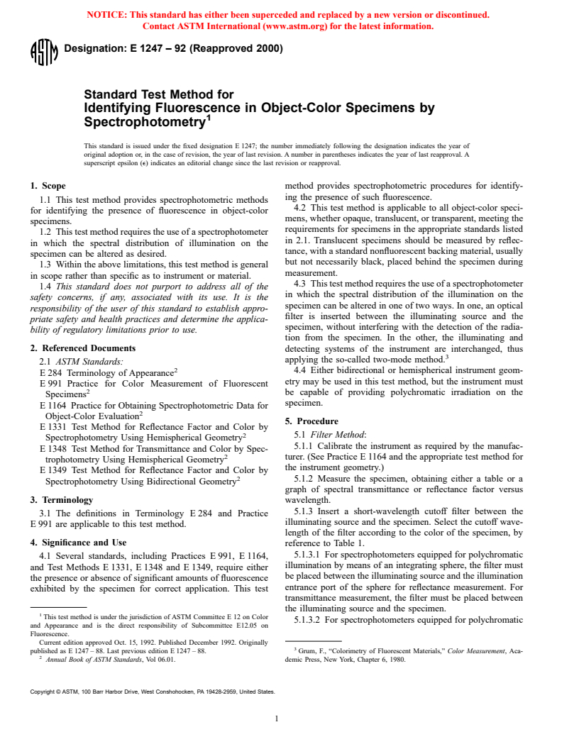 ASTM E1247-92(2000) - Standard Test Method for Identifying Fluorescence in Object-Color Specimens by Spectrophotometry
