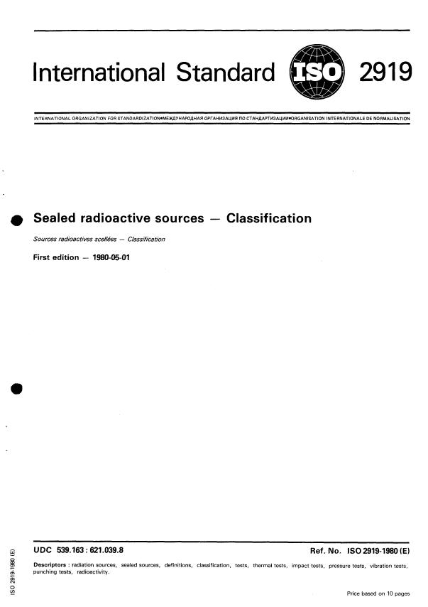 ISO 2919:1980 - Sealed radioactive sources -- Classification
