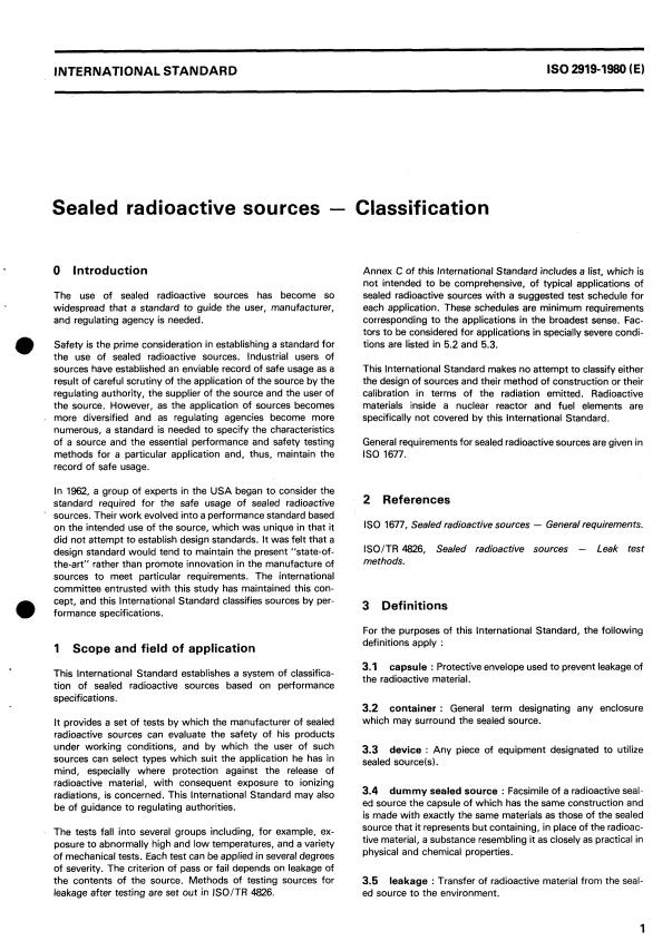 ISO 2919:1980 - Sealed radioactive sources -- Classification