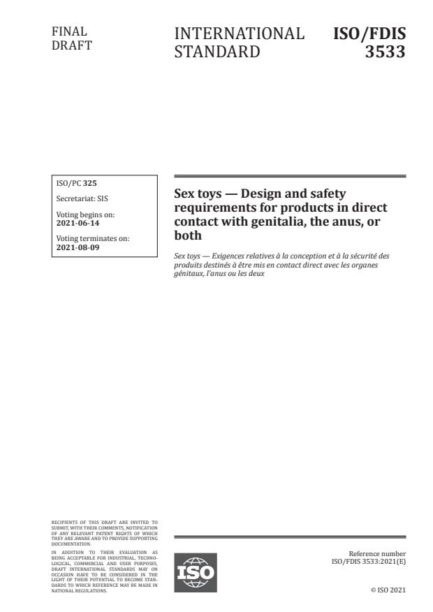 ISO/FDIS 3533:Version 12-jun-2021 - Sex toys -- Design and safety requirements for products in direct contact with genitalia, the anus, or both