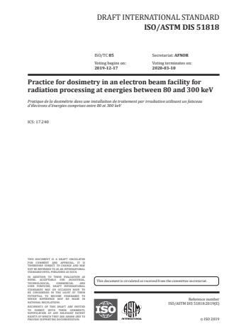 ISO/ASTM PRF 51818 - Practice for dosimetry in an electron beam facility for radiation processing at energies between 80 and 300 keV